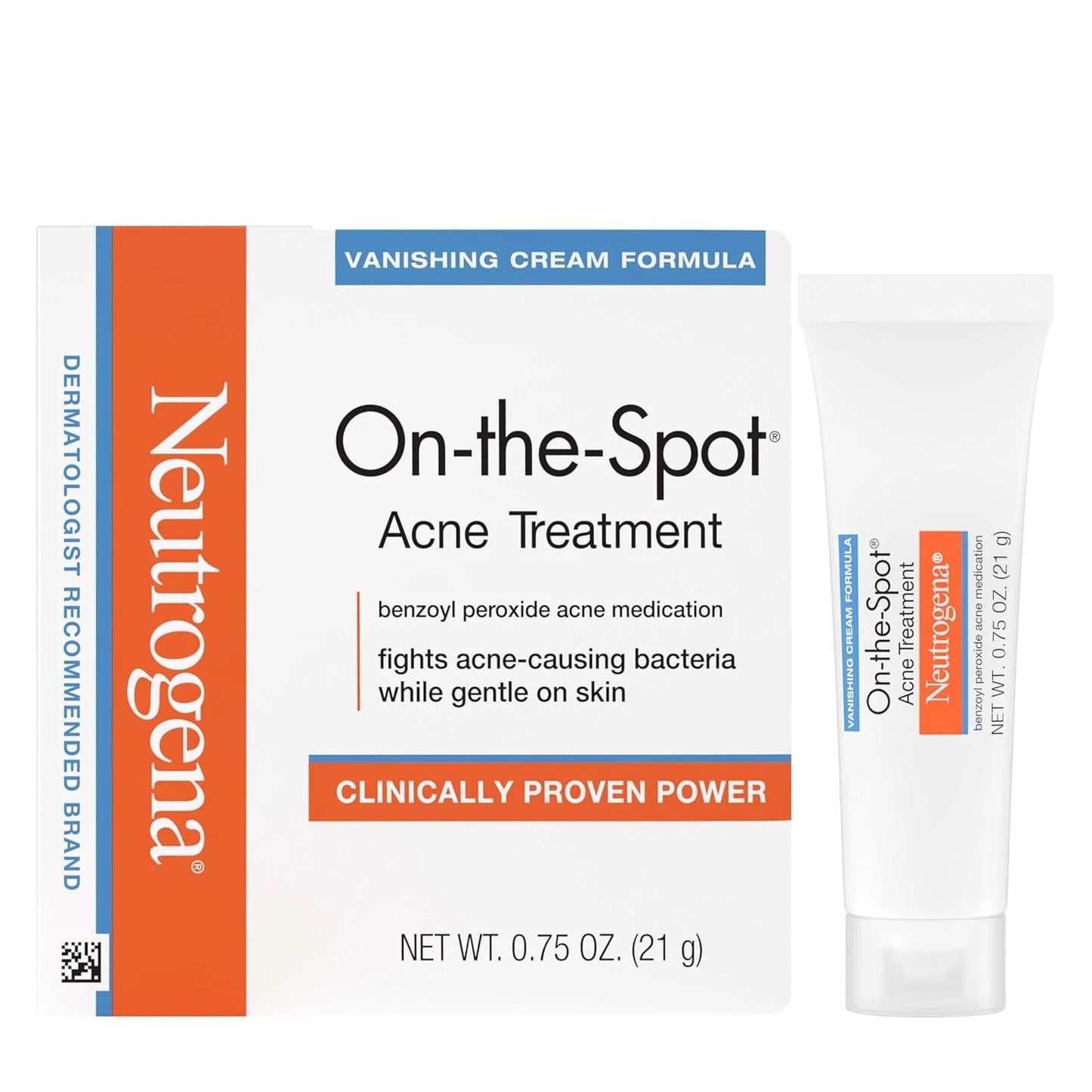On-The-Spot Acne Spot Treatment Cream with 2.5% Benzoyl Peroxide, Gentle Face Blemish Medicine for Acne-Prone Skin, Vanishing Formula, Clinically Proven Day-1 Results, 0.75-Ounce Tube
