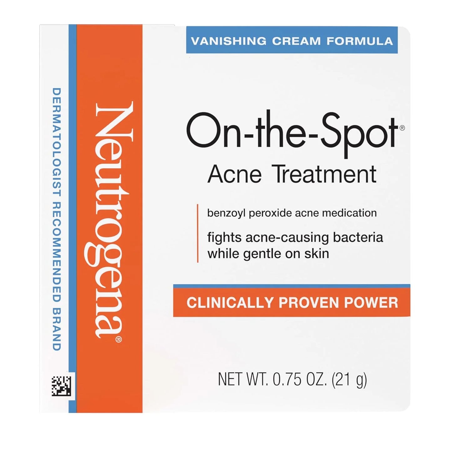 On-The-Spot Acne Spot Treatment Cream with 2.5% Benzoyl Peroxide, Gentle Face Blemish Medicine for Acne-Prone Skin, Vanishing Formula, Clinically Proven Day-1 Results, 0.75-Ounce Tube